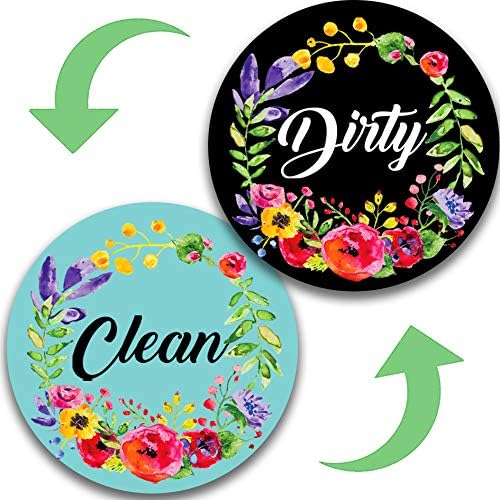 Dishwasher Magnet Clean Dirty Sign Indicator, Double Sided Kitchen Magnet with Magnetic Plate, Reversible Flower Wreath
