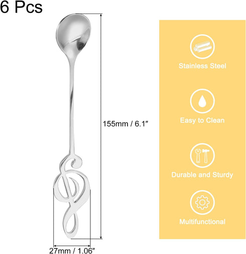 uxcell 6Pcs Stainless Steel Music Note Coffee Spoon Mini Tableware Dessert Spoons Stirring Mixing Spoon for Tea Coffee Cake, 6 Inch Silver