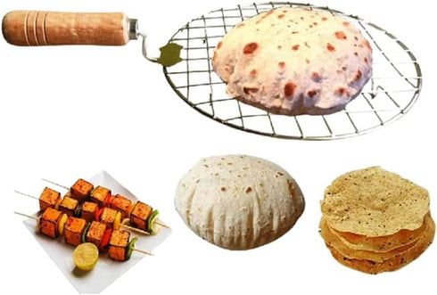 Steel Roasting Roti Jali Set with Wooden Handle, Tong and Pincer, Cooking Rack, Papad Grill, Chapati Grill, Food Tong