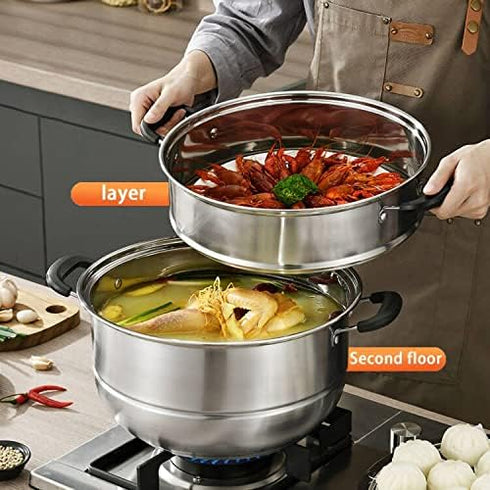 MANO Steamer Pot for Cooking, 11.8 Inch 2-Tier Stainless Steel Steaming Pot with Lid for Vegetables, Dumplings