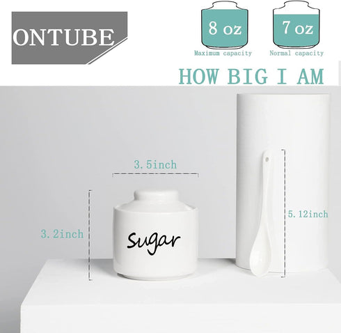 ONTUBE Ceramic Small Sugar Bowl with Lid and Spoon, Porcelain Sugar Pot, 8oz (White)