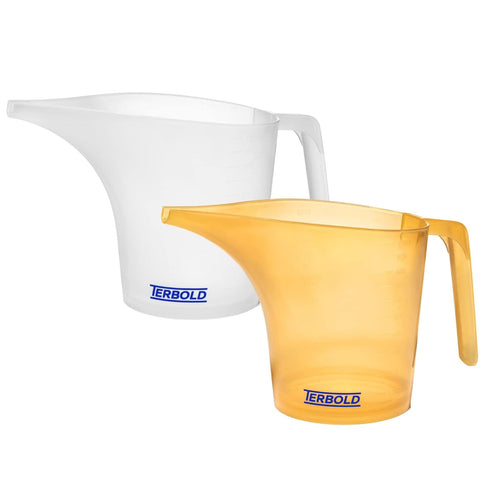 Funnel Pitcher with Spout 2pc Set, 1 Liter Plastic Measuring Pitchers for Cake and Pancake Dispenser