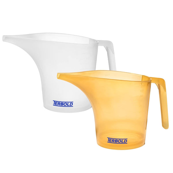 Funnel Pitcher with Spout 2pc Set, 1 Liter Plastic Measuring Pitchers for Cake and Pancake Dispenser