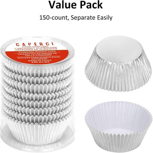 Caperci Silver Foil Cupcake Muffin Liners, Standard Size Baking Cups, 150-Pack