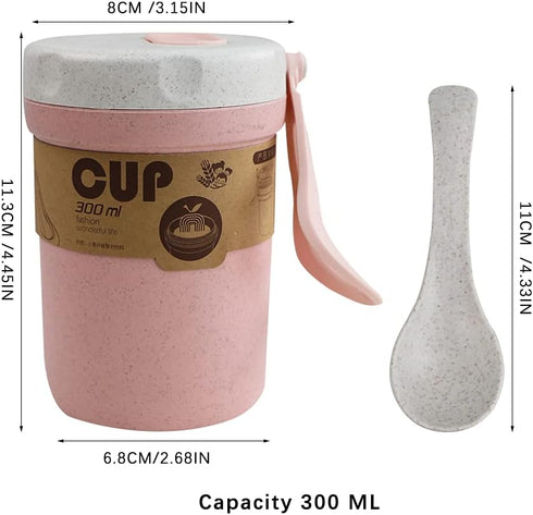 2PCS 300ml 2 LZYMSZ Wheat Straw Soup Cup, Portable Microwaveable Breakfast Cup, Colors Porridge Lunch Box with Spoon
