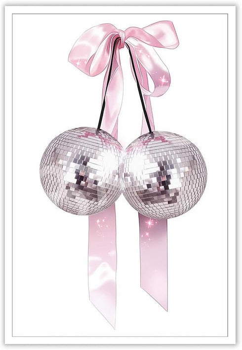 Generic Trendy Pink Bow Disco Ball Posters White Cherry Canvas Wall Art Funky