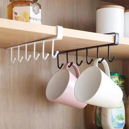 2pcs Multi-Hooks Under Cabinet, 6-Hook Hanging Rack for Kitchen Utensil Cupboard, Nail Free Organizer (Black)