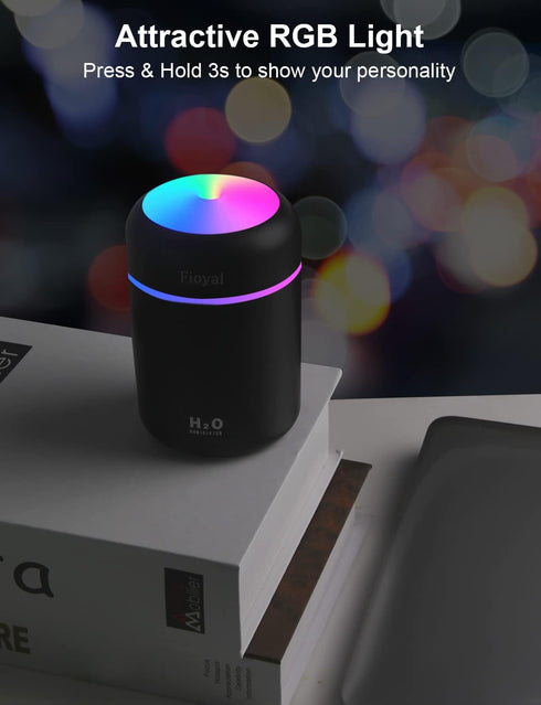 Fioyal Portable Mini Humidifier, RGB Light Small Humidifiers for Bedroom, Car, Desktop, 2 Cool Mist Modes
