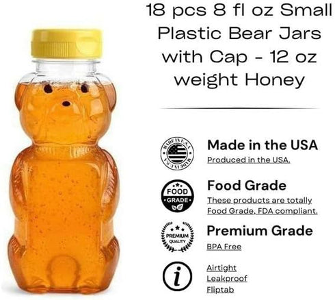 18 Pack 8 oz 12 oz Nakpunar fl Plastic PET Honey Bear Jars, Squeeze Bottles with Yellow Flip-Top Dispenser Caps w/Seals