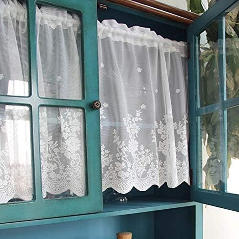 Molaxhome White Lace Valances for Windows, 51x16inch, Semi Sheer Curtain for Kitchen Cafe
