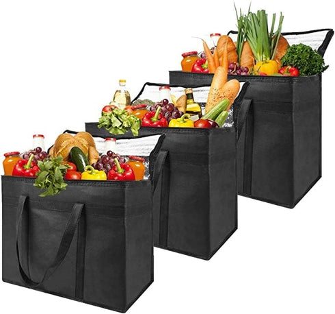 XXL Insulated Cooler Bag and Food Warmer for Delivery & Grocery Shopping, Zippered Top, Black (1 pack)