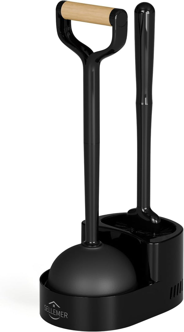 Sellemer Toilet Brush and Plunger Set, Curved Design Head for Deep Cleaning,