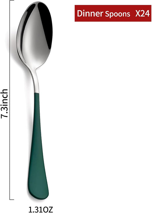 Set 24 18/0 Spoon,7.3-inch Sets Set 24,Mirror Green Dinne spoons Piece,Green Handle Silverware Spoon Stainless Steel