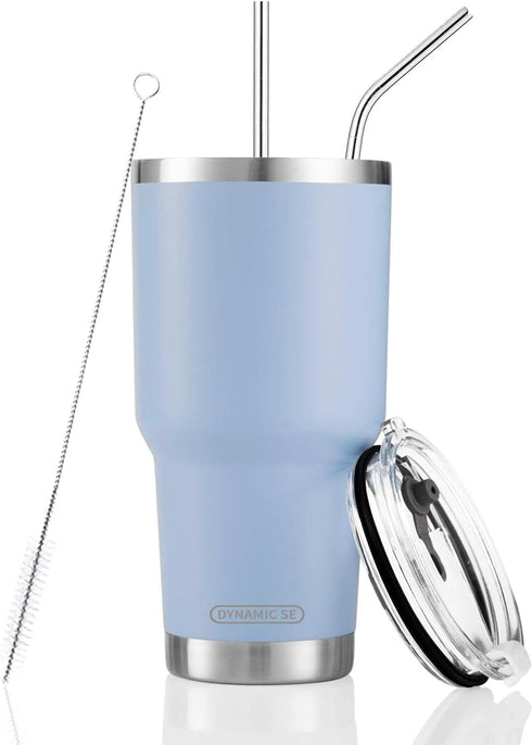 D·S 30oz Blue Tumbler, Stainless Steel Double Wall Vacuum Insulated Mug with Straw and Lid, Cleaning Brush