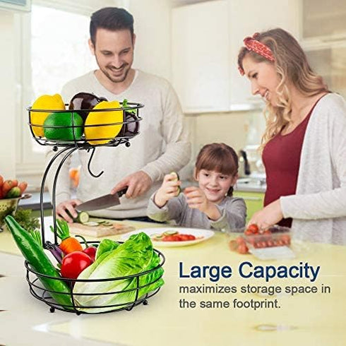 Auledio 2-Tier Countertop Fruit Vegetables Basket Bowl Storage with Banana Hanger, Black, 64 ounces