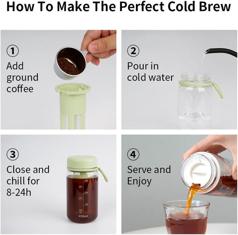 Cold Brew Coffee Maker Travel Tumbler with Soft Silicone Handle, Portable Iced Coffee Cup, 15oz Green