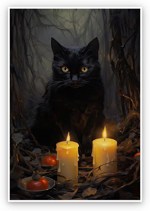 Kisappeared Vintage Gothic Wall Art Black Cat Candle Poster Halloween Artwork Print Canvas