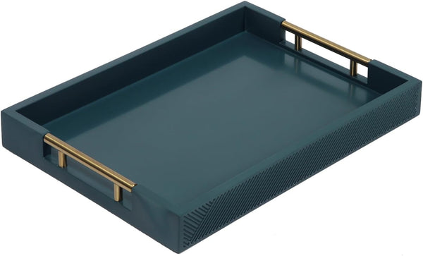 Serving Tray with Polished Metal Handles, 16.5''x12'' Rectangle Coffee Table Tray, Modern