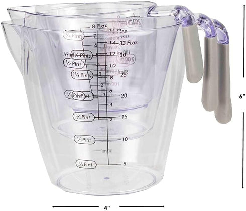 Home Basics 3 Piece Plastic Measuring Cup Set with Rubber Grip Handles, Clear