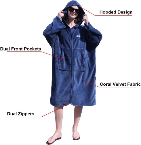Hiturbo Surf Poncho Zipper Towel Hoodie: Oversized Hooded Wetsuit Changing Robe with Pocket - Plush Coral Fleece