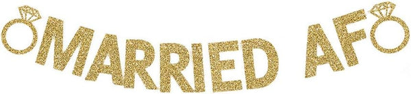 Married AF Banner, Fun Wedding Party Gold Glitter Paper Sign Backdrops