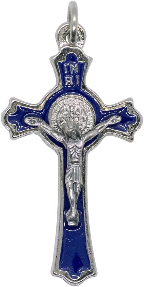 Hand Made St Benedict Cross Medal Crucifix, 3" Tall, Silver Plated with Blue Enamel