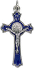 Hand Made St Benedict Cross Medal Crucifix, 3" Tall, Silver Plated with Blue Enamel