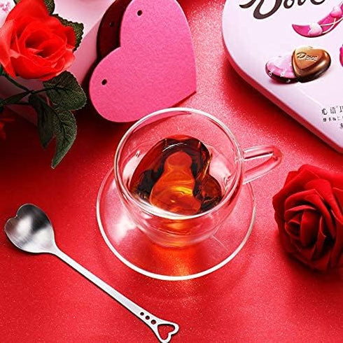 Patelai Heart Shaped Double Walled Glass Insulated Coffee Mug, 180 Ml, 6 oz Cappuccino Cup with Saucer & Spoons