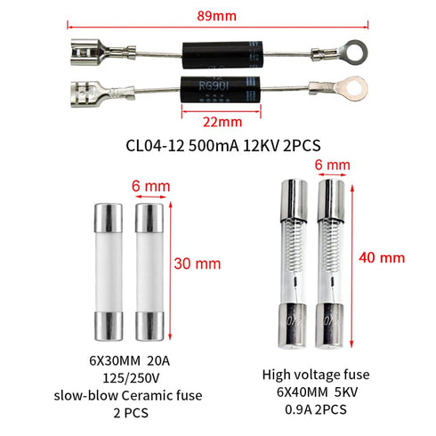 Microwave Oven Repair Parts Kits, KW3A Door Switch, Diode CL04-12, Slow Blow Fuse 20A, 6X40MM Fuse 0.9A