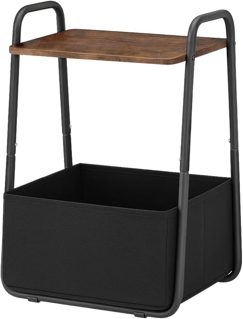 Rustic Brown Metal Frame Nightstand - Small Side Table with Fabric Storage Basket and Handle - Ideal for Bedroom