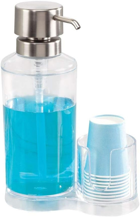 iDesign Mouthwash Dispenser Pump with Attached Paper Cup Holder Caddy, The Clarity