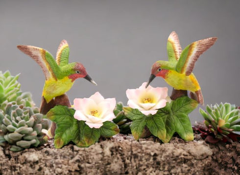 Fine Porcelain Hummingbird Candle Holder Pair with Apple Cherry Blossom Flowers, 3-5/8" H