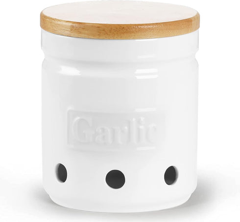 ONTUBE Garlic Keeper with Wooden Lid, 4.5-Inch Ceramic Garlic Holder Storage, Garlic