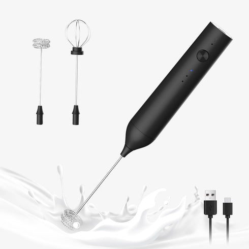 Powerful Electric Milk Frother Set, Rechargeable Drink Blender with Wand and Egg Whisk Attachments, 3 Speed Adjustable