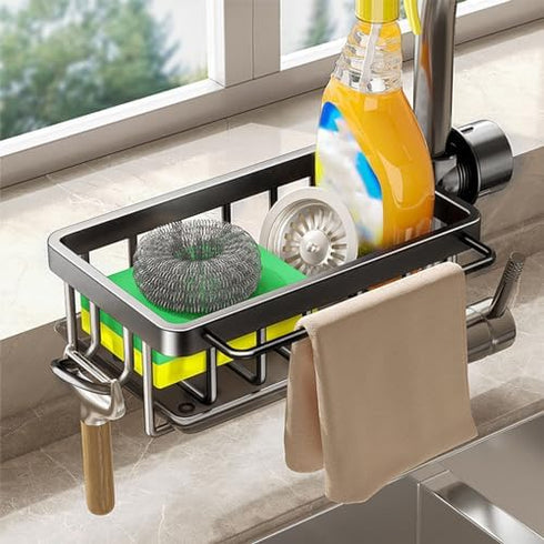 Kitchen Sink Faucet Organizer, Space Aluminum Rustproof Dish Sponge Holder with Divider and Drip Tray for Kitchen