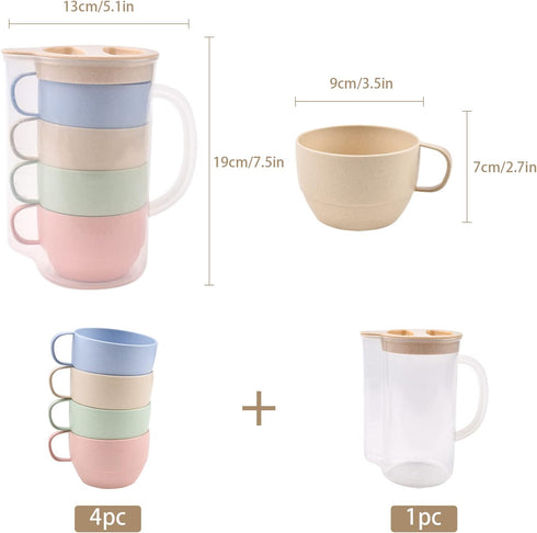 Lnrkai 5Pcs Camping Cups Plastic Set with Handle, Lightweight Breakfast Cups Reusable Unbreakable Mug with Pitcher Jug for Juice, Coffee, Tea, Water, Milk by Lnrkai