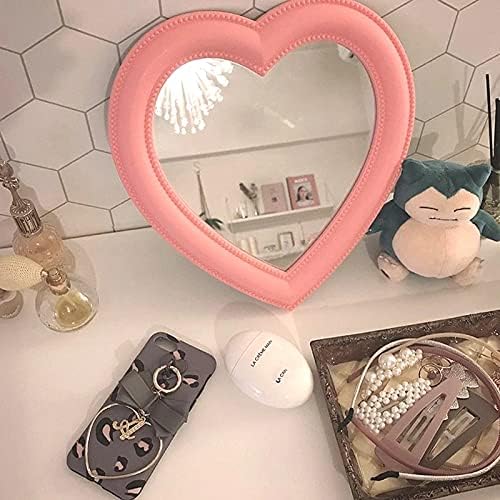 Pink Love Mirror Desktop Makeup Mirror, Wall Mounted Dual-Use Heart-Shaped Vanity Mirror for Girl Room