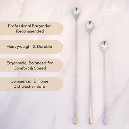 A Bar Above Stainless Steel Cocktail Stirrer Bar Spoon Set, 3 Pieces, 12 , 15 , 17 , Spiral Handle Drink Stirrers
