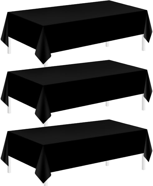 Childom 3 Pack Plastic Tablecloths for Rectangle Tables, 54" x 108" Black Disposable Table Cloths