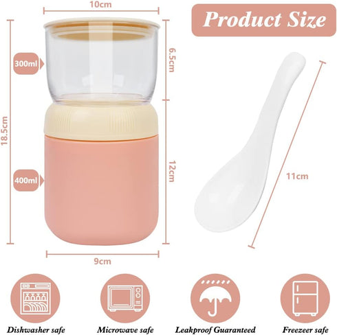 2-Tier Oatmeal Yogurt Containers, Stainless Steel Insulated Food Containers with Lids and Spoons, Cereal Cup