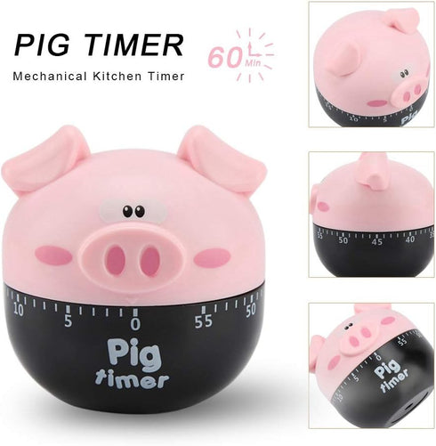 Cute Cartoon Pig Kitchen Timer, 0-55 Minute Wind Up Dial, Loud Alarm Timer, Mechanical Cooking Timing Tool (Pink)