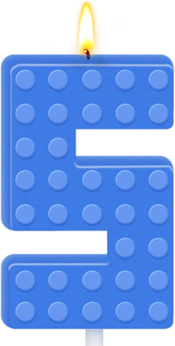 Number 5 Building Block Birthday Candle Blue Numeral Cake Topper Candle for