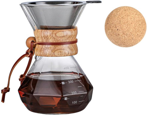 Pour Over Coffee Maker with Wood Sleeve, 13.5oz/400ml Dripper Set, Includes Cork Stopper