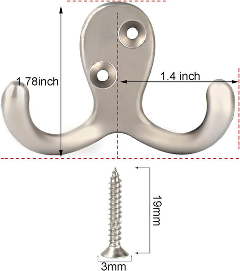 IBosins 10 Pack Heavy Duty Double Prong Coat Hooks, Wall Mounted with 20 Screws for Coat, Scarf, Bag, Towel, Key