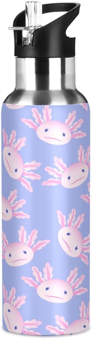 Cute Pink Axolotl Water Bottle, 32 oz Insulated Stainless Steel, BPA-Free, with Straw Lid for School, Office, Gym,