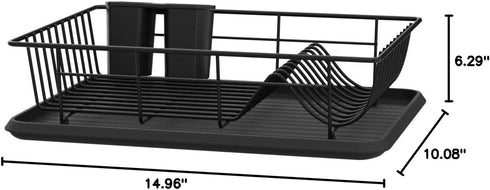 GSlife Dish Drying Rack for Kitchen Counter - Compact Dish Drainer with Utensil Holder and Drain Spout, Black