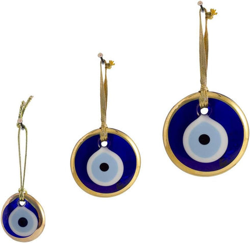 Gold Gilt Handmade Evil Eye Glass Charm, Decorative Christmas Ornament Set of Three (1.5"-2"-2.7")