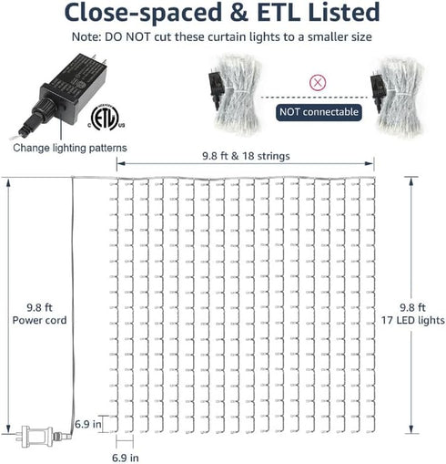 306 18 1010 Lighting EVER LED Curtain Lights with Hang Down String Lights, ft Plug in Hanging Fairy Lights for Bedroom