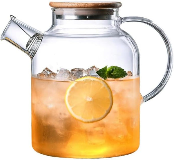 Glass Teapot, Stovetop and Microwave Safe Borosilicate Teapot, 60.8 oz with Natural Bamboo Lid and Removable Filter