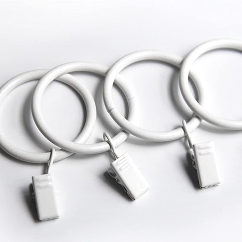 Set of 14 White Iron Metal Curtain Rings with Clips, Drapery Hooks, 1.25 Inch Interior Diameter for Hanging Curtains